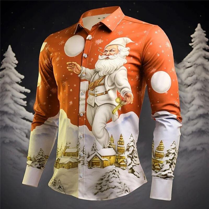 Men Long Sleeve Turn-down Collar Shirt Santa Christmas Tree Snowflake Print Party Button Up Top