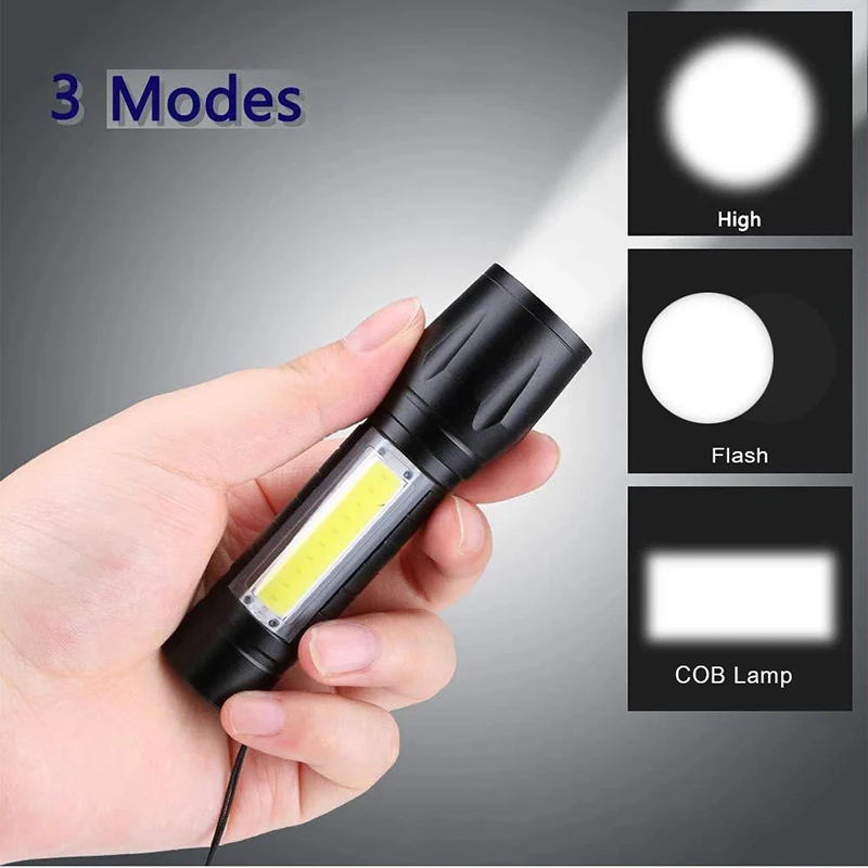 Portable Zoom LED Rechargeable Flashlight 3 Lighting Modes Long Range Camping Light Mini Torch Waterproof  Built In Battery