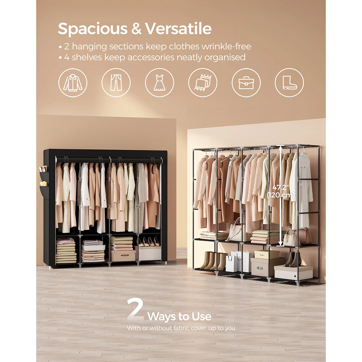 SONGMICS Clothes Wardrobe, Garment Organiser Rack with 4 Hanging Rails, Shelves, 4 Side Pockets, 170 x 45 x 167 cm