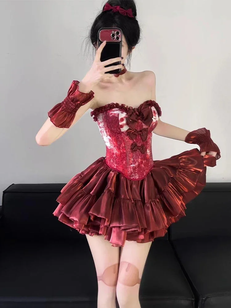 Women Red A-line Bow Dress Vintage Off Shoulder Sleeveless Mini Luxury Dresses Y2k One Piece Frocks 2000s Cutecore Clothes 2025