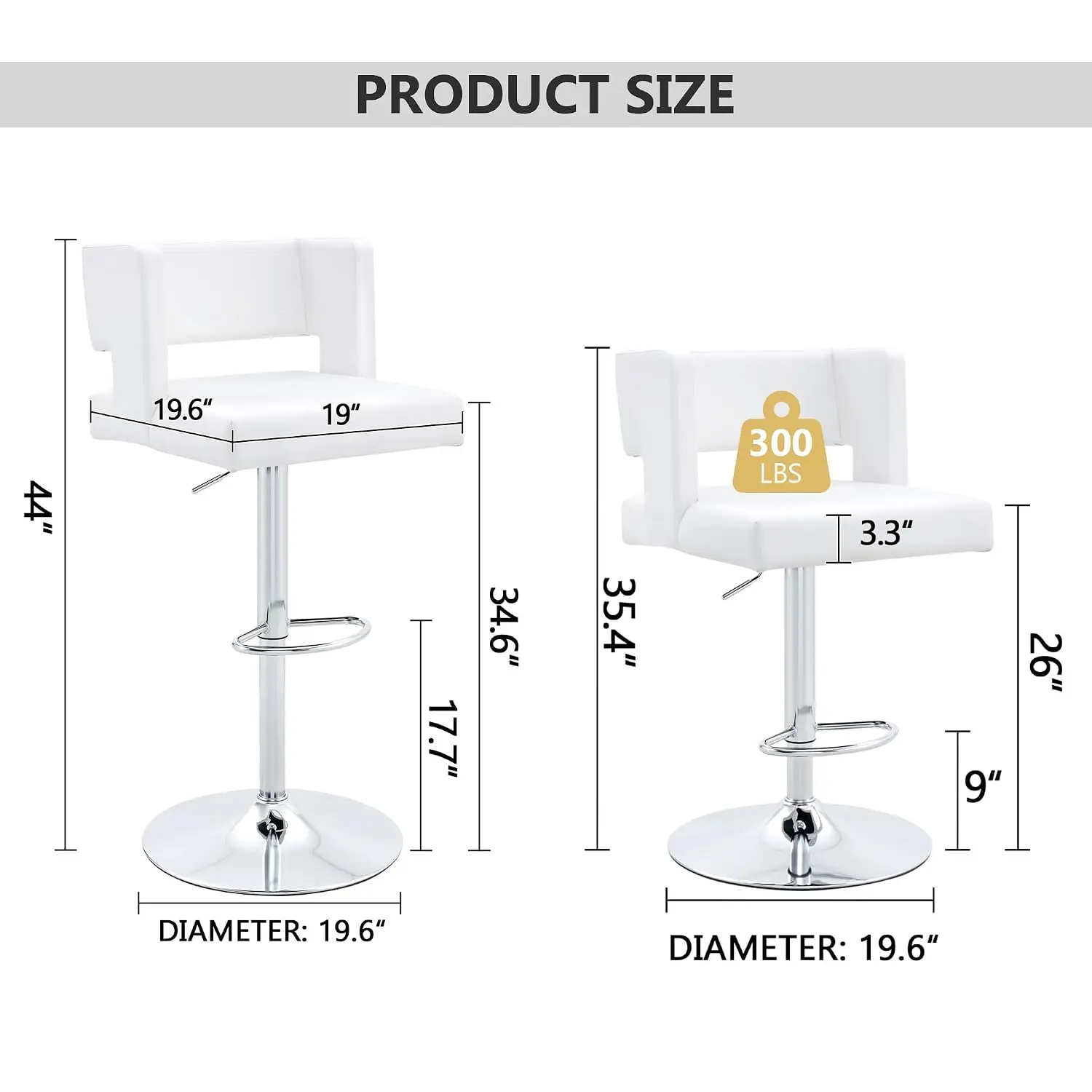 Adjustable Swivel Bar Stools with Leather Cushion for Kitchen Island Counter Dining, White & Silver, Set of 4, Customized
