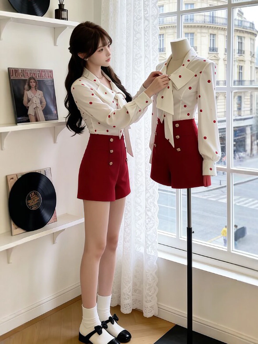 

Spring 26 Red Color Gentle Style Shirt And Shorts Set Women's Fashion Comfortable Warm mid Stretch High Waist Pure Color Dot ...