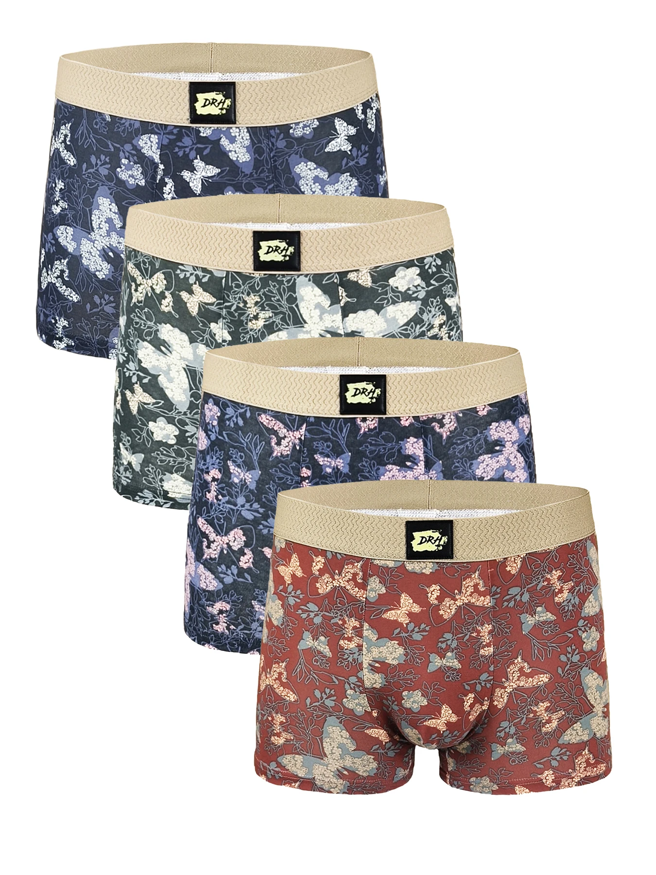 

Мужские хлопковые трусы-боксеры из 4 комплектов — пояс с логотипом «DRH», комплект нижнего белья разных цветов с цветочным узором в виде бабочки