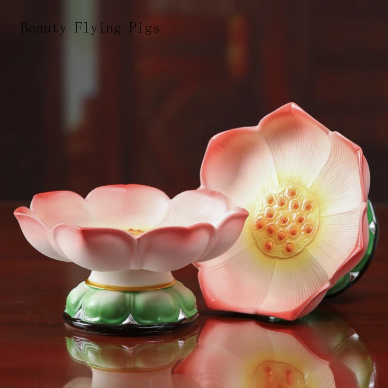 Ceramics Buddha's Front Offering Fruit Tray Table Decorations for Buddhist Temples Lotus Shaped Chinese Style Living Room Decor