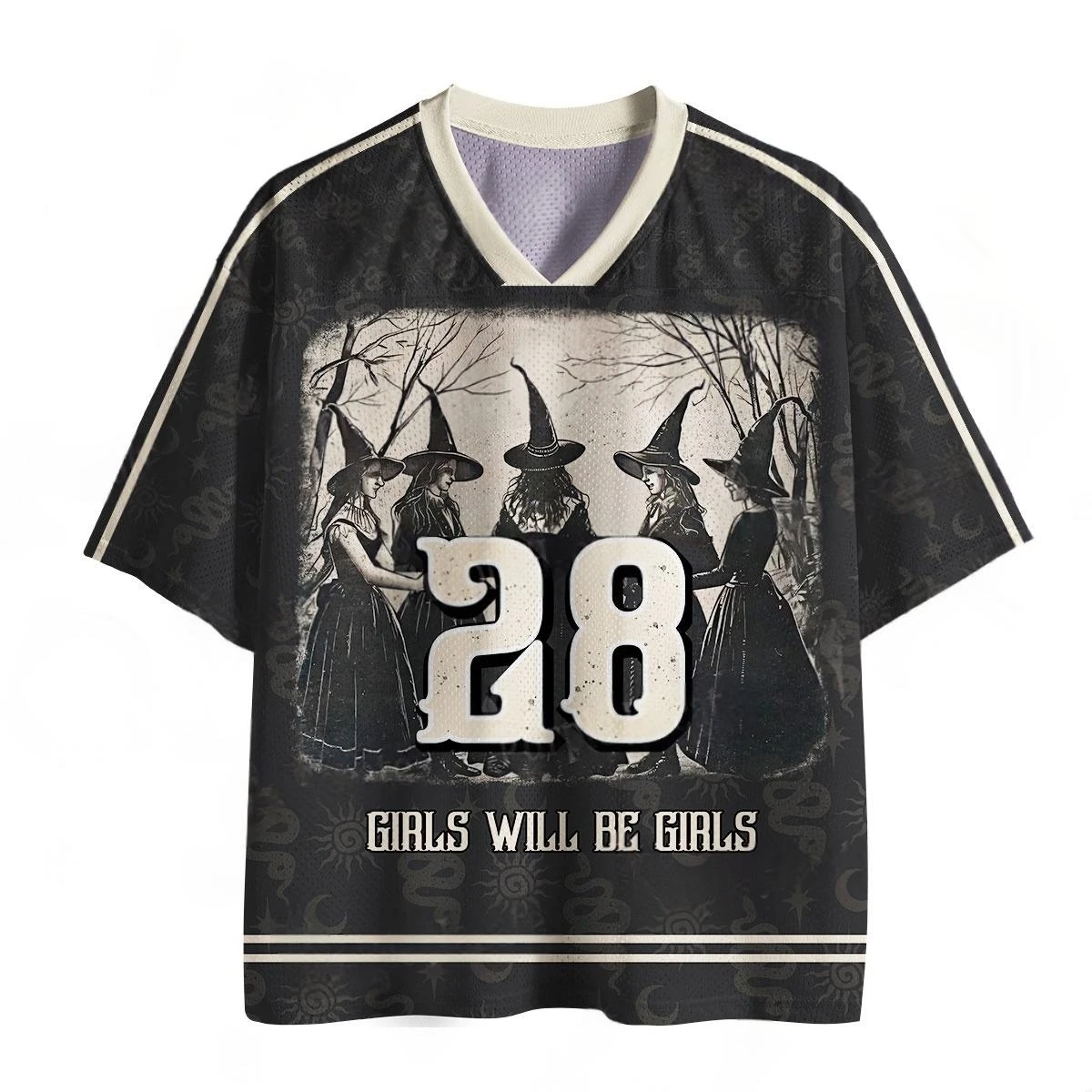Vintage Five Witches Number 28 Football Jersey Snake Moon Print Gothic Halloween Sports Tee
