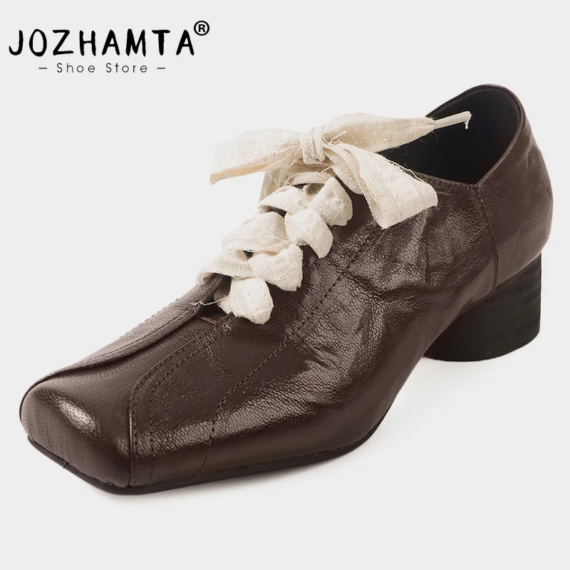 JOZHAMTA Women Retro Pumps Genuine Leather Lace-Up Thick Mid Heels Shoes Vintage 2025 Spring Office Lady Daily Dress Size 34-40