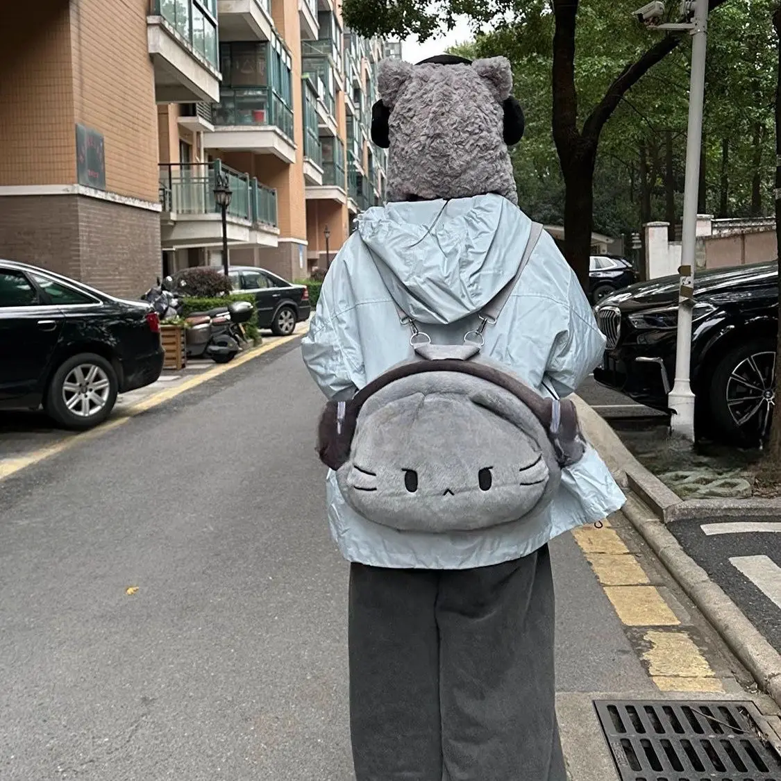 Xiuya Cute Womens Backpack Y2k Grey Cat Cartoon Fashion Casual Backpacks Soft Kawaii Harajuku Lolita Jk Female Aesthetic Bags