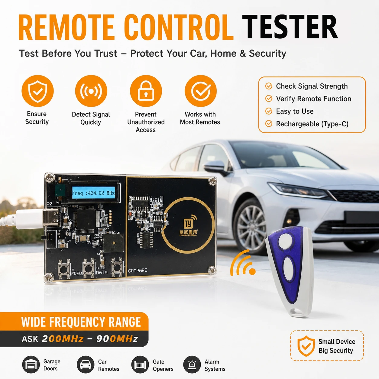 Remote Control Tester Car Accessories 200MHz 900MHz Frequency Signal Analyzer for Alarm System Garage Gate Remote Control Car