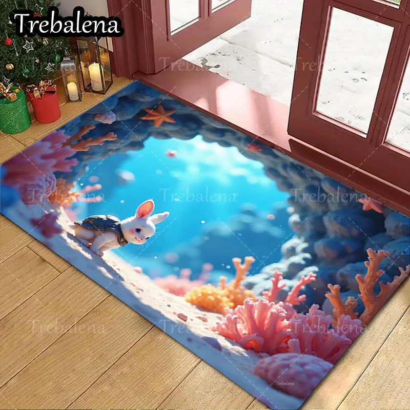 

1pc Welcome Door Mat Cute Bunny Turtle Underwater Coral Rug For Home Decor