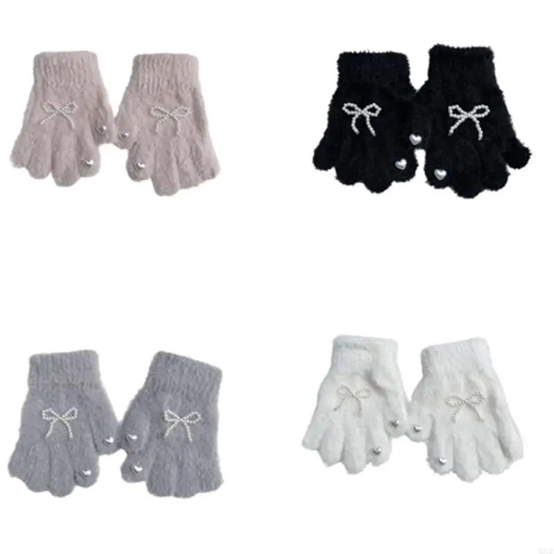 

Girls Knitted Gloves with Pearls and Bowknot Designing for Ages 3-8T Soft Mitts