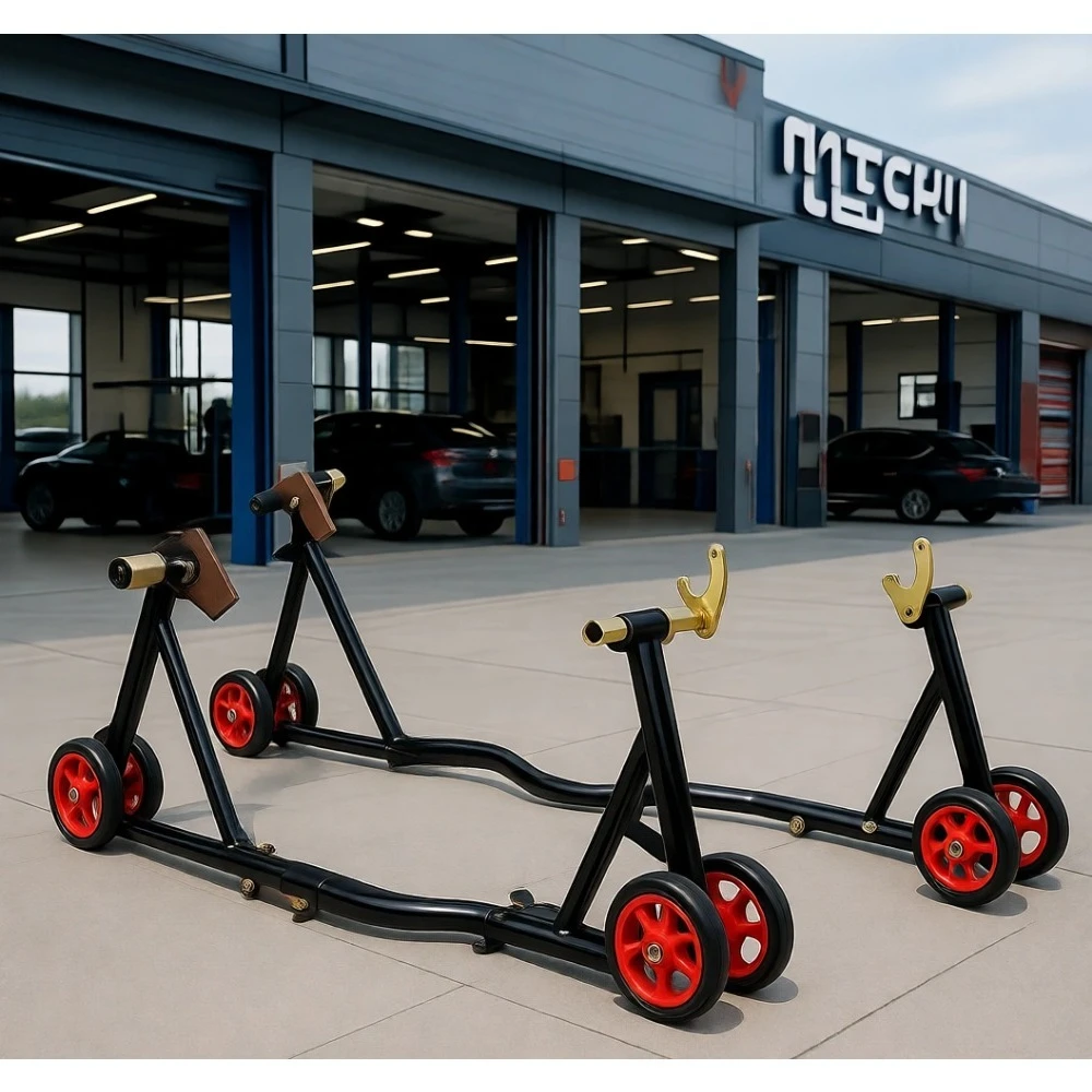 

Universal Front and Rear Motorcycle Wheel Lift Stand with Swingarm Spools Red Wheels