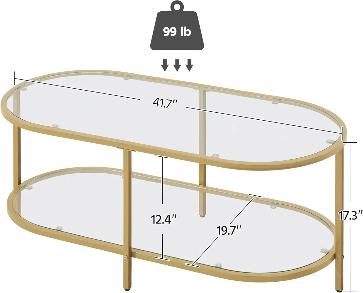 Gold Coffee Table, 42" Oval Glass Coffee Table for Living Room, 2-Tier Center Tea Table with Storage Shelf & Metal Frame