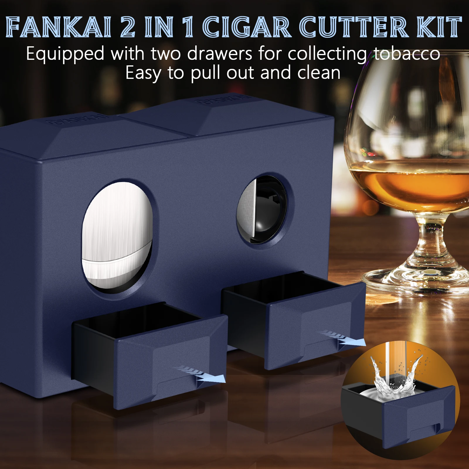 2-in-1 Desk Cigar Cutter, Ergonomic Dual V-Cutter and Straight Cutter, Table Cigar Cutters with 2 Drawers, Stainless Steel Blade