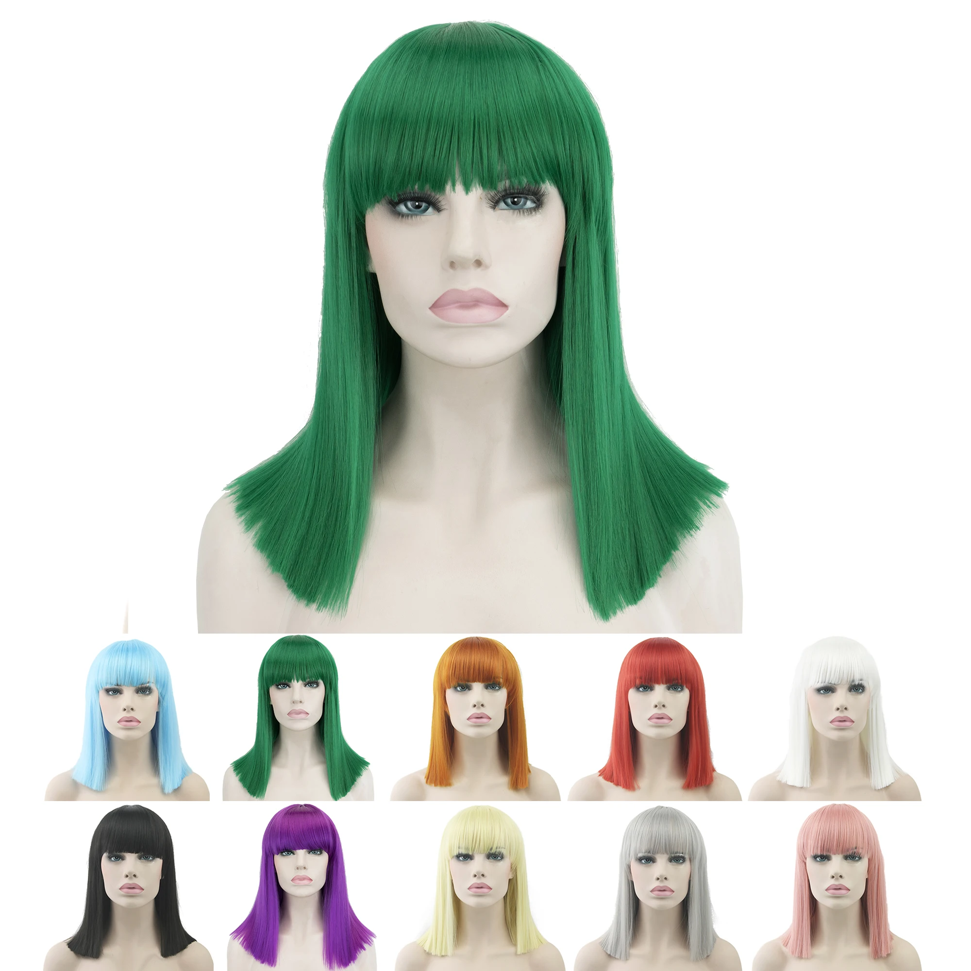 

Soowee Short Green Synthetic Cut Hair Cosplay Wig with Straight Bangs Halloween Costume Party Bob Wigs for Girls