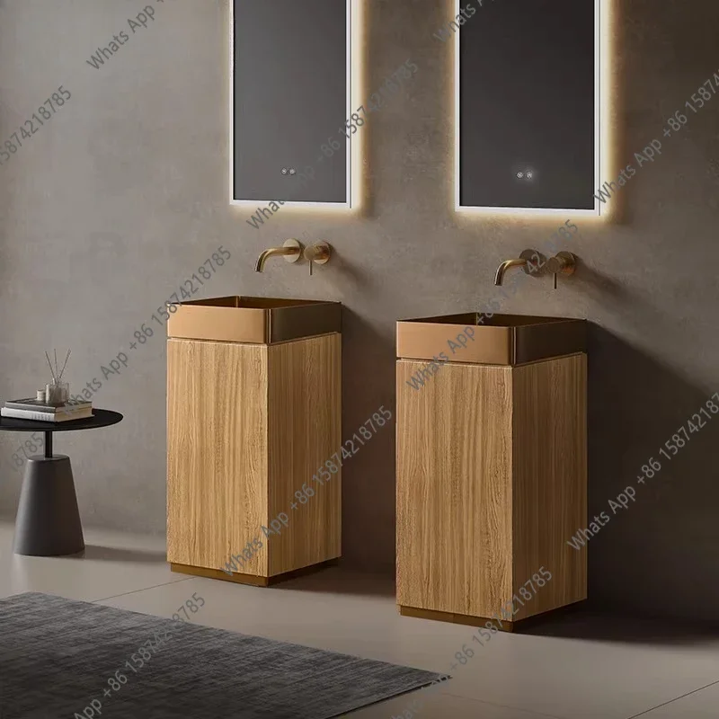 X30 Minimalist Medieval Style Stainless Steel Wood Grain Column Basin Vertical Wash Basin Creative Art Floor-to-ceiling Washbasi