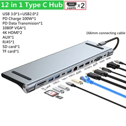 4/8/11/12-in-1 Type C Hub with 2 HDMI Multiport Adapter Dock Station USB 3.0 4K HDMI RJ45 SD/TF VGA PD for Laptop MacBook iPad