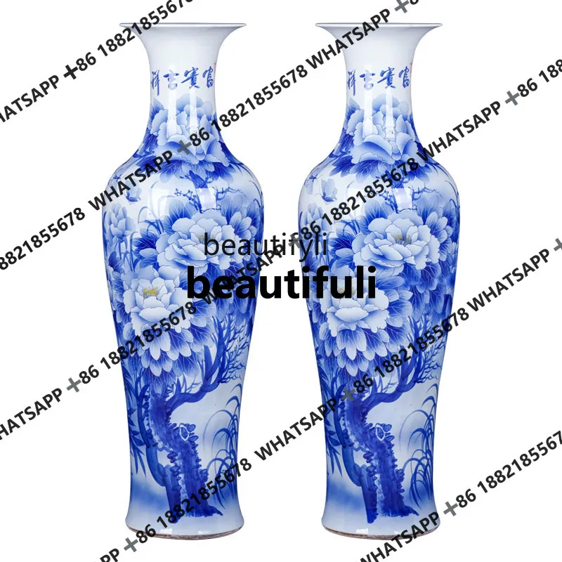 Jingdezhen ceramic hand-painted blue and white porcelain floor-to-ceiling large vase Chinese living room ornament extra large