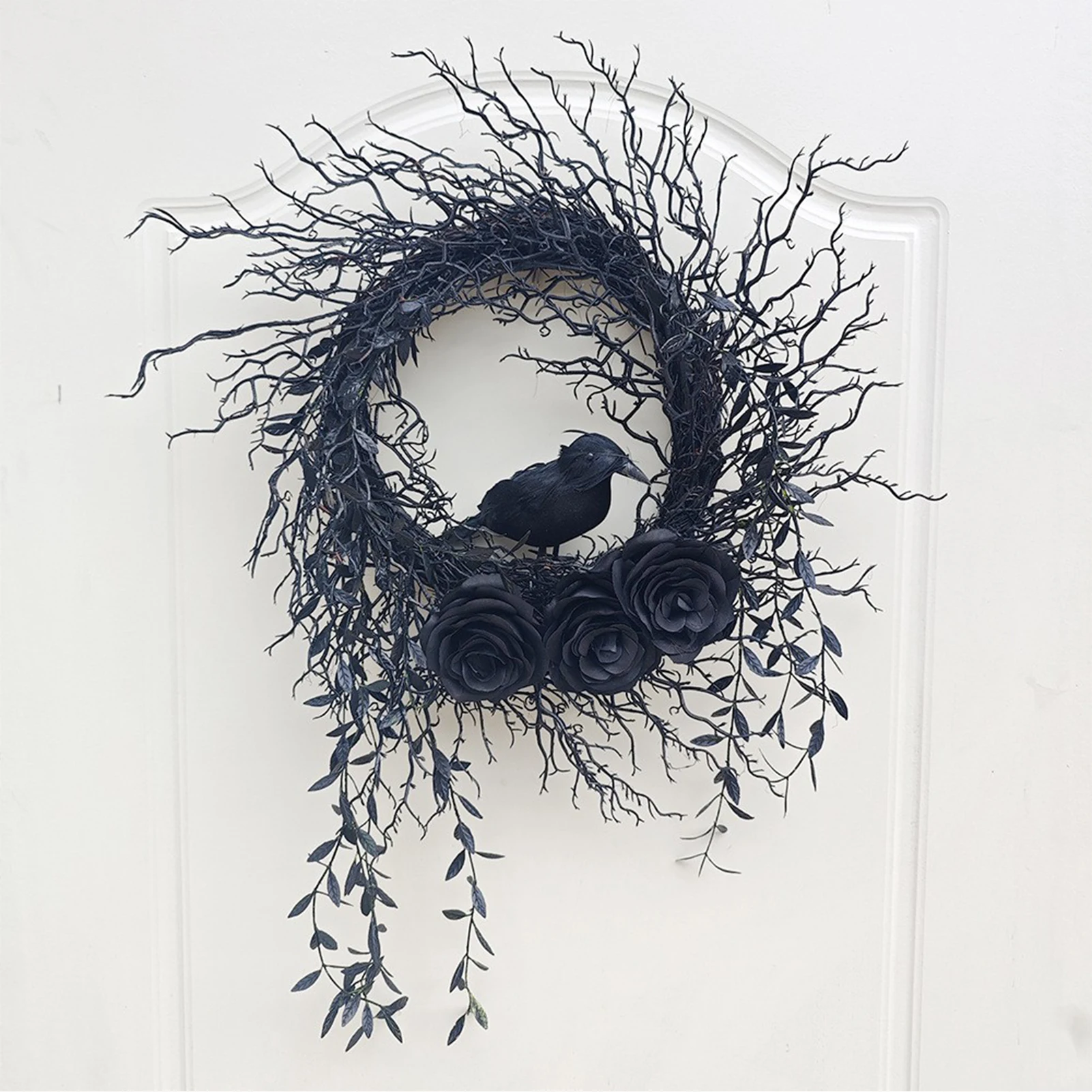 

45cm Simulation Halloween Crow Flower Branch Wreath European American Horror Door Hanging Rattan Garland Party Home Decoration