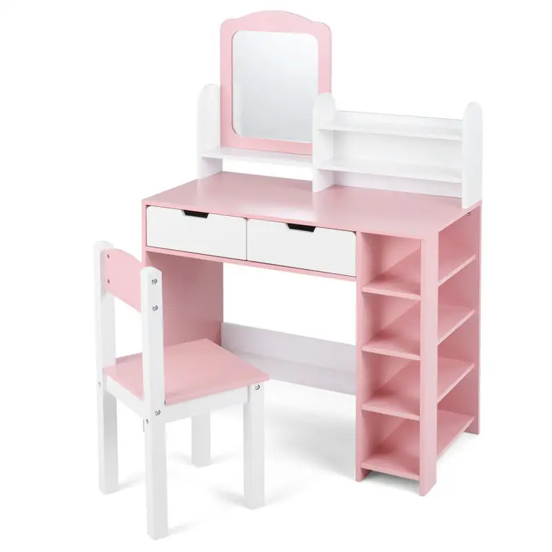 

Kids Vanity Set with Chair and Mirror Makeup Dressing Desk with Storage Shelves and Drawers-White & Pink