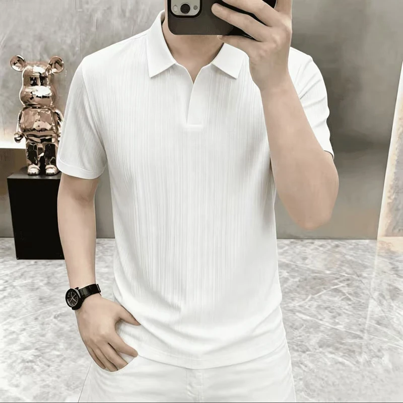 Summer New Style Men's Slim-Fitting Breathable Vertical Stripes Silk Collar Knitted Business Casual