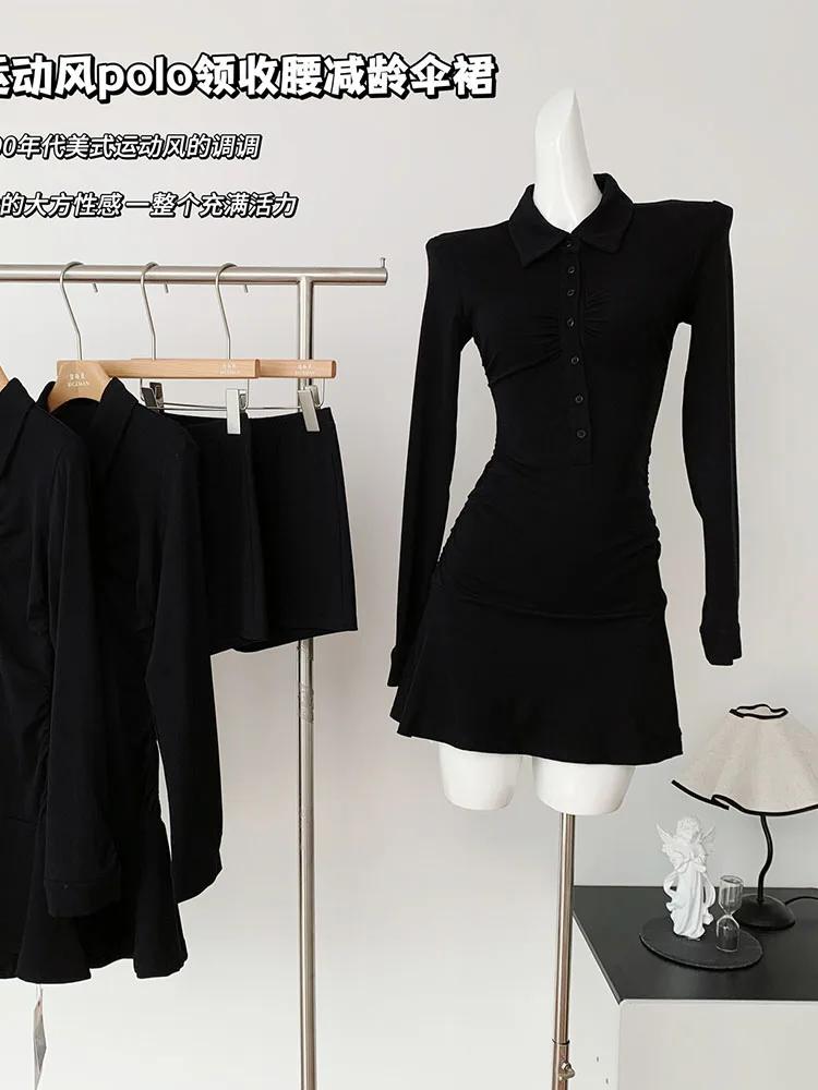 American Style Sports Style Polo Long Sleeve Slim Corset Dress Autumn Women New Black Design Sexy Pleated One-Piece Frocks Kpop