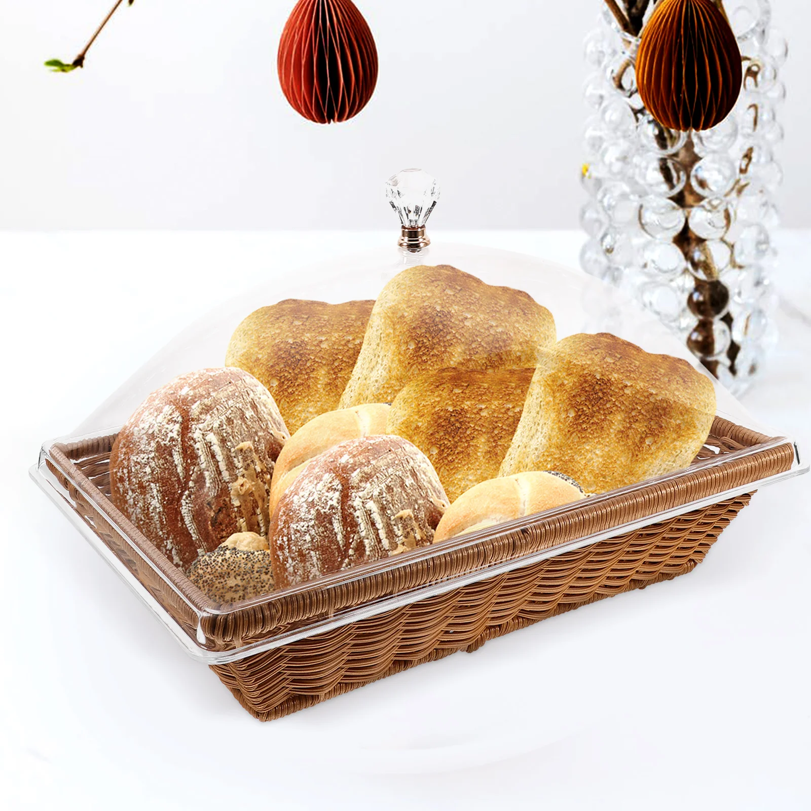 

Food Fresh-keeping Basket Square Brown Small Woven Bread Tray Transparent Acrylic Cover Fruit Storage Kitchen Party Cake Snack