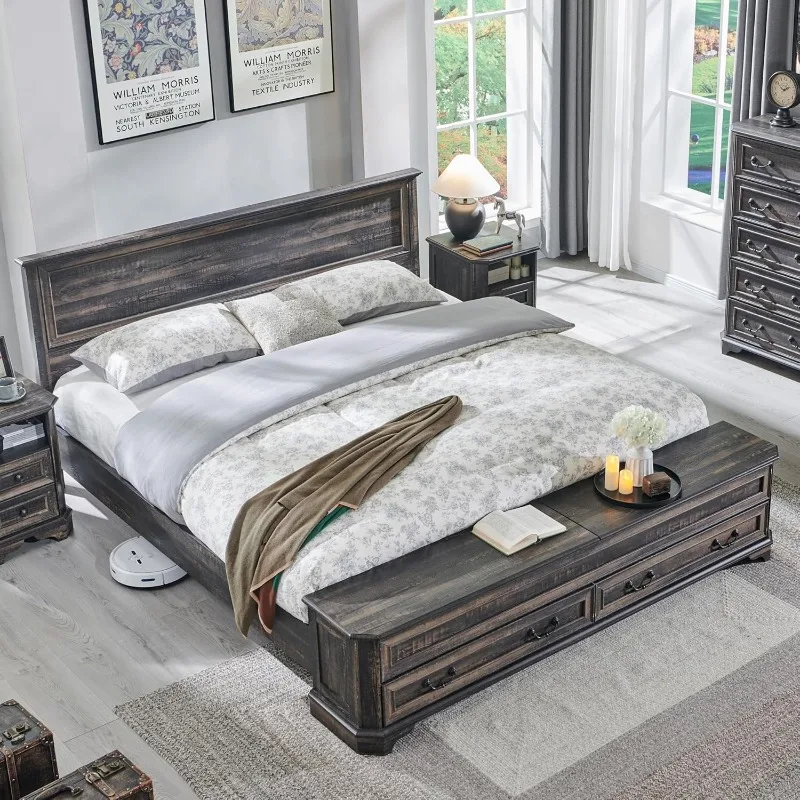 T4TREAM Farmhouse King Bed with Headboard and Storage Bench, Rustic Wood Platform Bed with 80