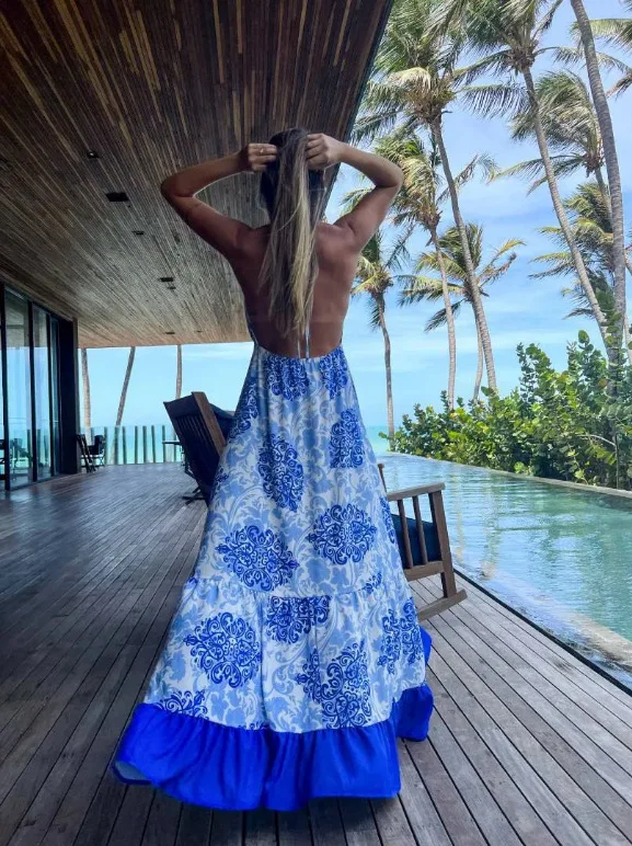 Abito stampato Boho alla moda Abito lungo sexy con scollo a V profondo senza schienale con lacci a vita alta Abiti casual da donna in stile vacanza