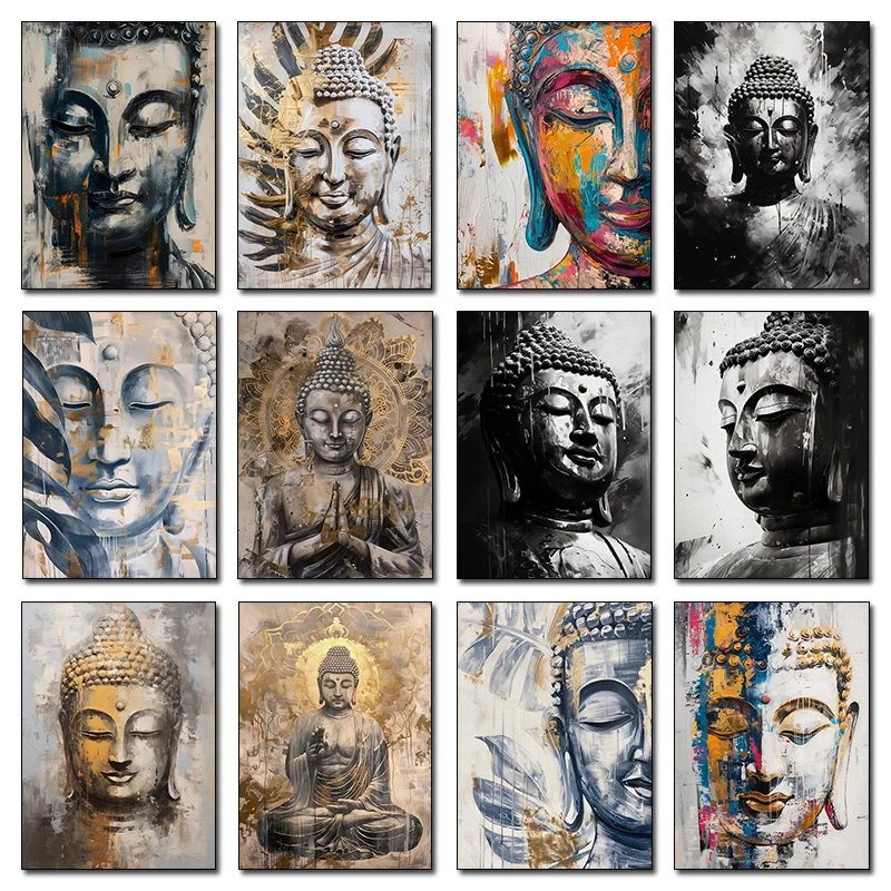 AZNM Vintage Buddha Head Abstract Graffiti Canvas Wall Art, Zen Spiritual Frameless Canvas Print Poster for Meditation Room Home