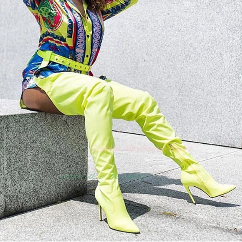 Spitze Zehen Overknee Stiefel Gürtelschnalle Dekor High Heels Hosen Booties Sexy Damen Tanzparty Oberschenkelhohe Booties