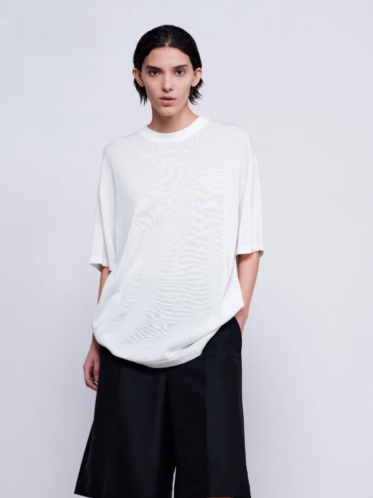 

ZynnI Original Design round Ne Bo Long T-irt Silk Lyocell Combed Cotton Loose Fit Summer Casual Sle Pure Color