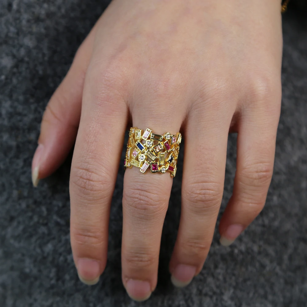Anillos de dedo de cara ancha de circonia cúbica multiforma geométrica para mujer ajuste de bisel piedra colorida Color chapado en oro para fiesta