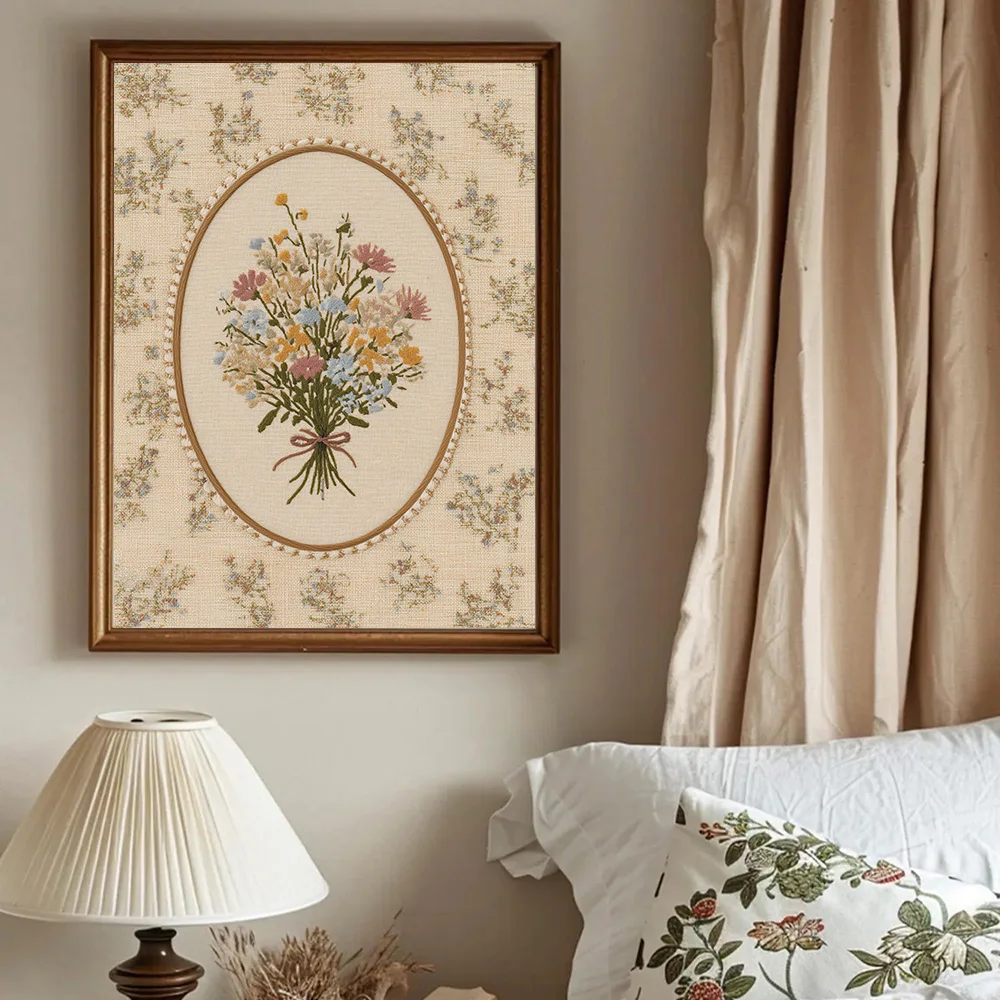 1pc Unframed Vintage Wildflower Bouquet Folk Art Canvas Poster Botanical Floral Wall Art Minimalist Cottagecore Decor Painting