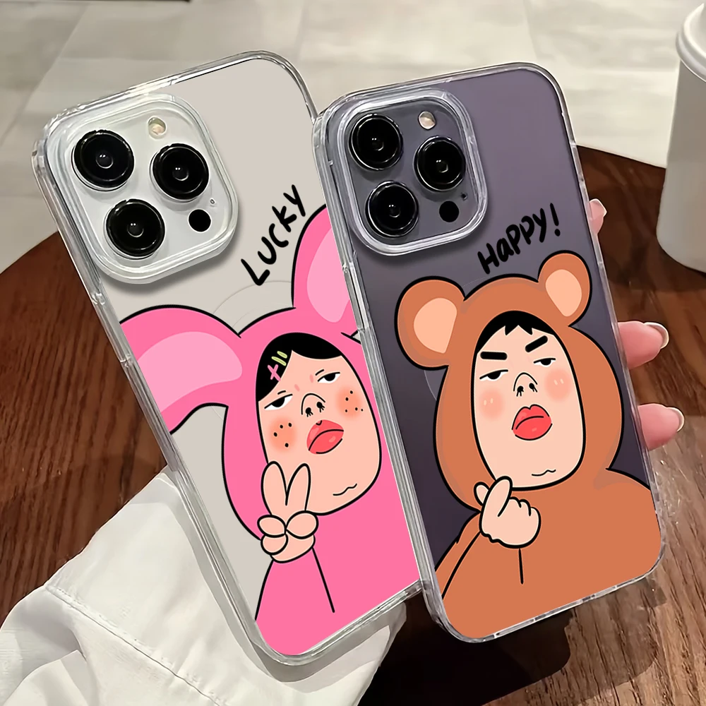 Spoof nose hair couple love Phone Case For iPhone 11 12 13 14 15 16 Pro Max Plus Magesafe Magnetic Transparent Charge Soft Shell