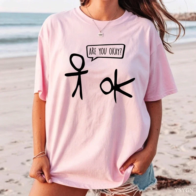 Are You Okay Print T-shirts Women Summer Minimalist Casual Fashion Streetwear Tops Loose Crew Neck Short Sleeve Cotton Tees