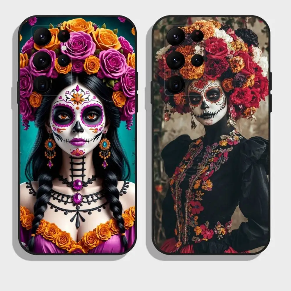 

Day of the D-Dead Mexican C-Catrina Skull Phone Case For Samsung Galaxy A73,A72,A71,A70,A52,A51 Others Soft Black Cover