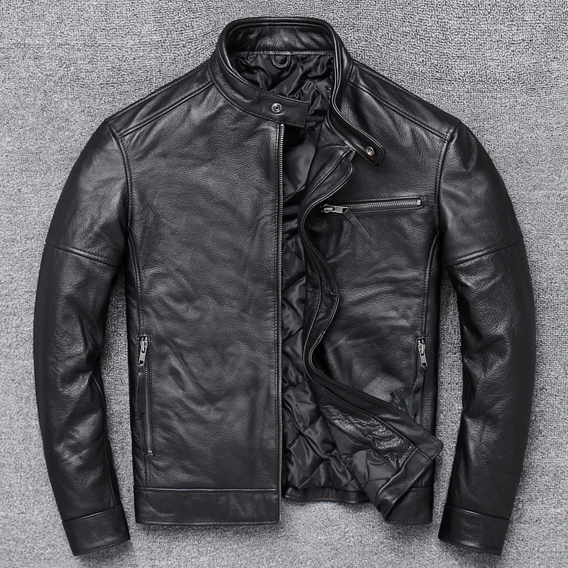 

Leather jacket top layer 100% cowhide leather short men's stand-up collar motorcycle clothes slim winter plus cotton.