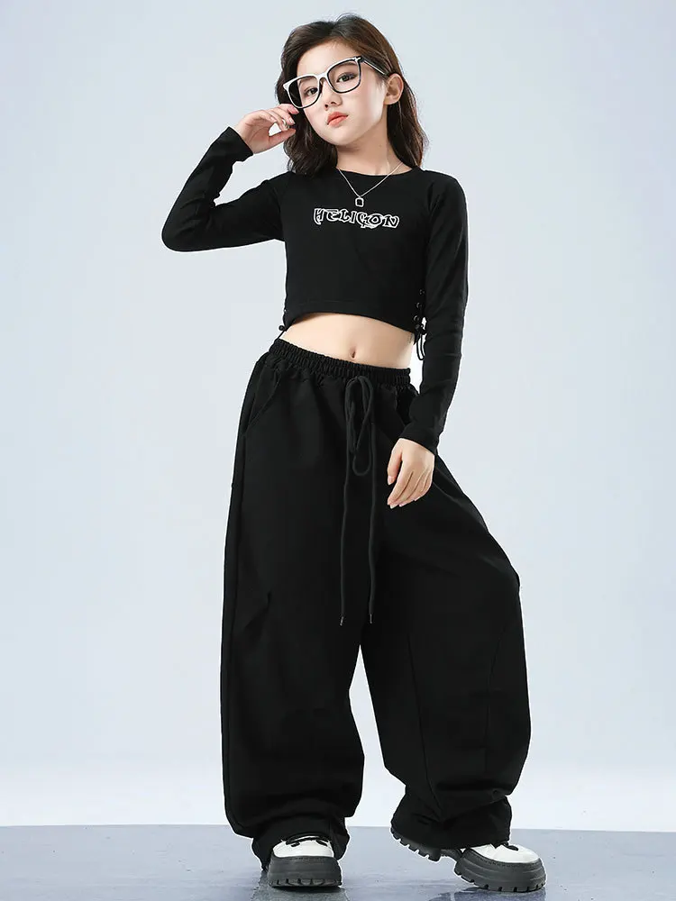 

Kid Hip Hop Clothing Black Side Drawstring Crop Top T Shirt Casual Sweat Parachute Pants for Girls Jazz Dance Costumes Clothes