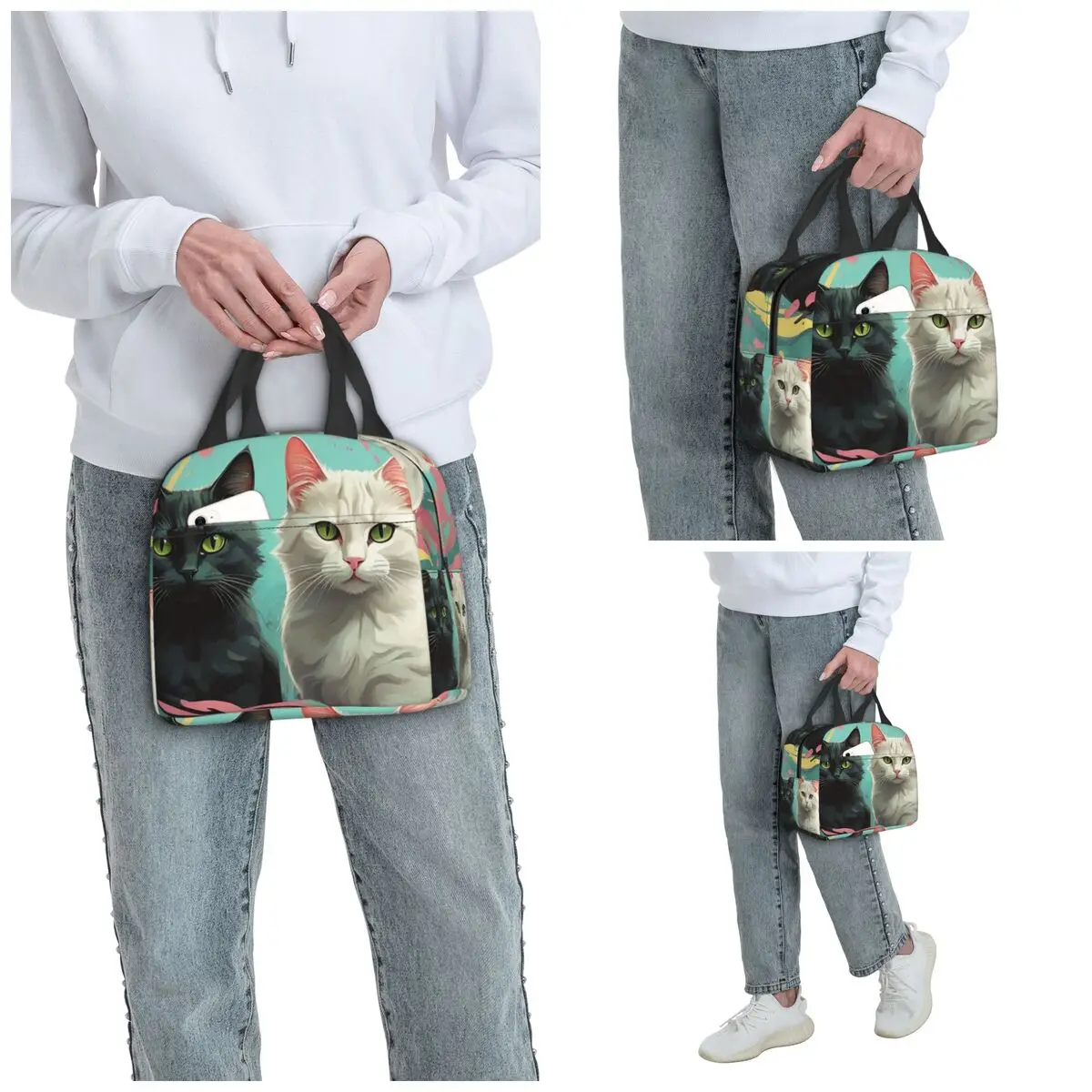 Cartoon Black White Cat Print Insulated Lunch Bag for Kids School Cooler Thermal Food Box Tote Portable Lunch Boxes Container
