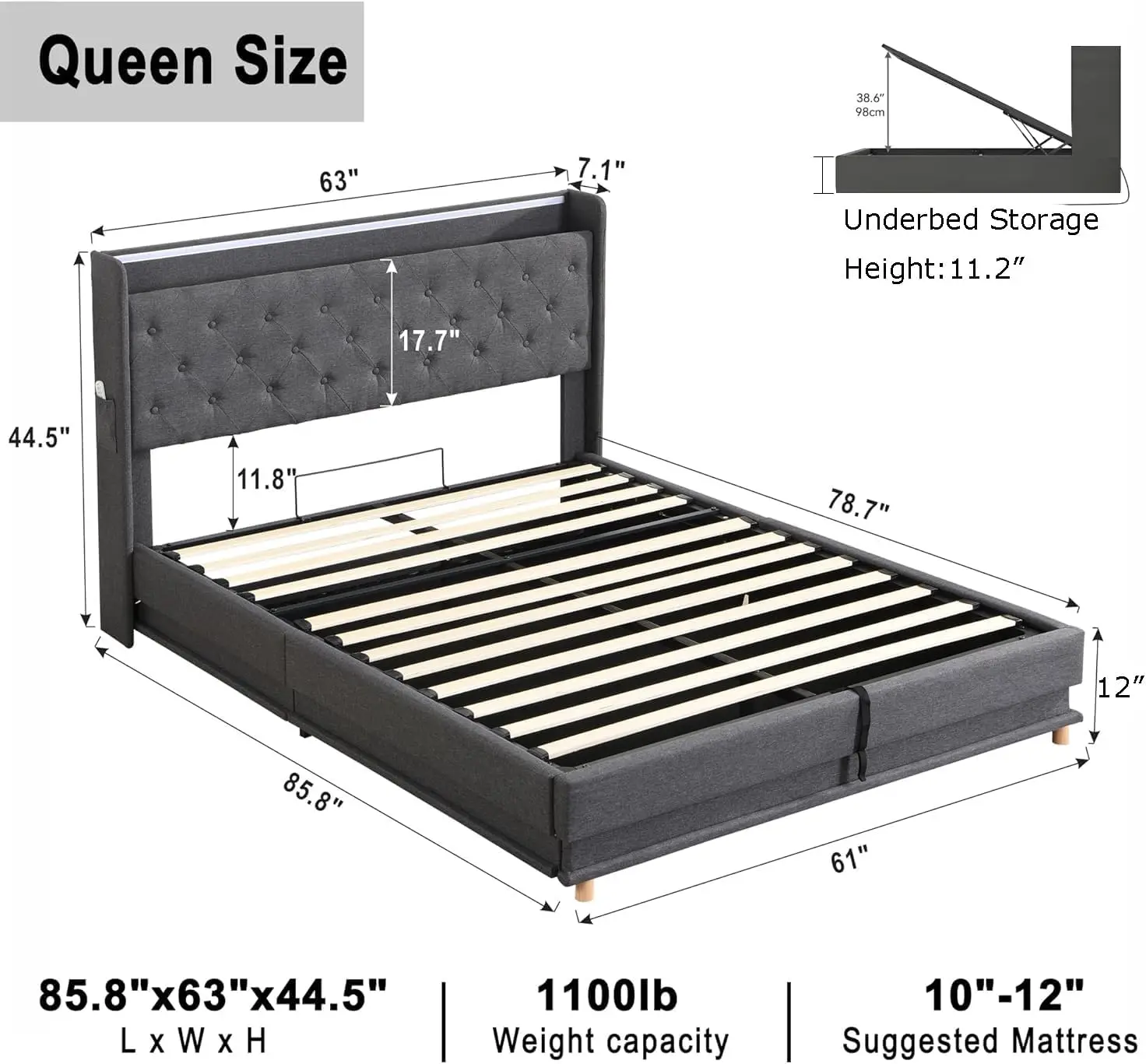 Heben Sie den Queensize-Bett rahmen mit Kopfteil, LED-Leuchten, ein Queensize-Bett mit getuftetem Kopfteil an, keine Box spring erforderlich, grau