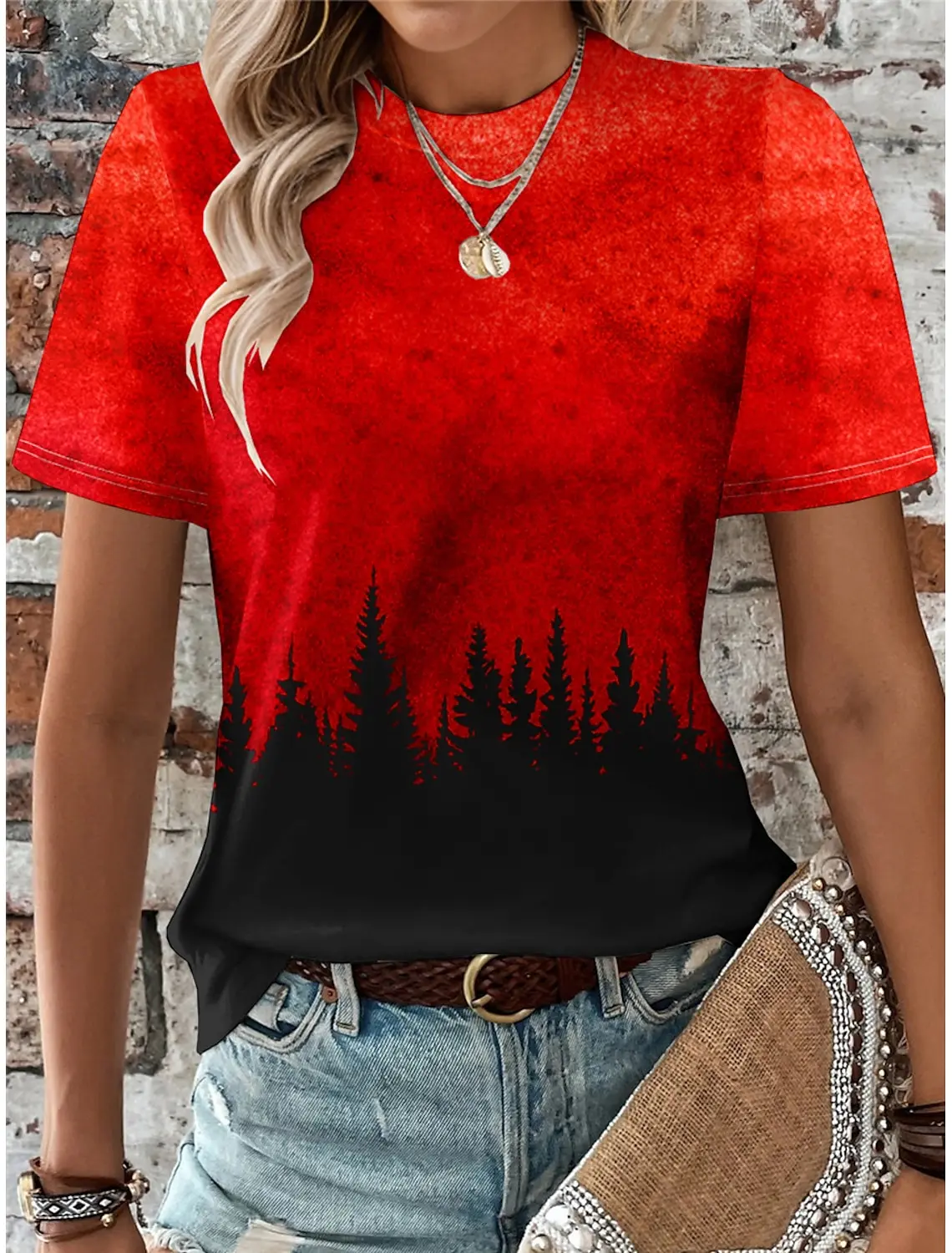 Sommer Frauen T-Shirt 3D-Druck Pflanze Baum T-Shirt lässig Kurzarm Tops Mode O-Ausschnitt T-Shirt für Frauen bunte Farbverlauf