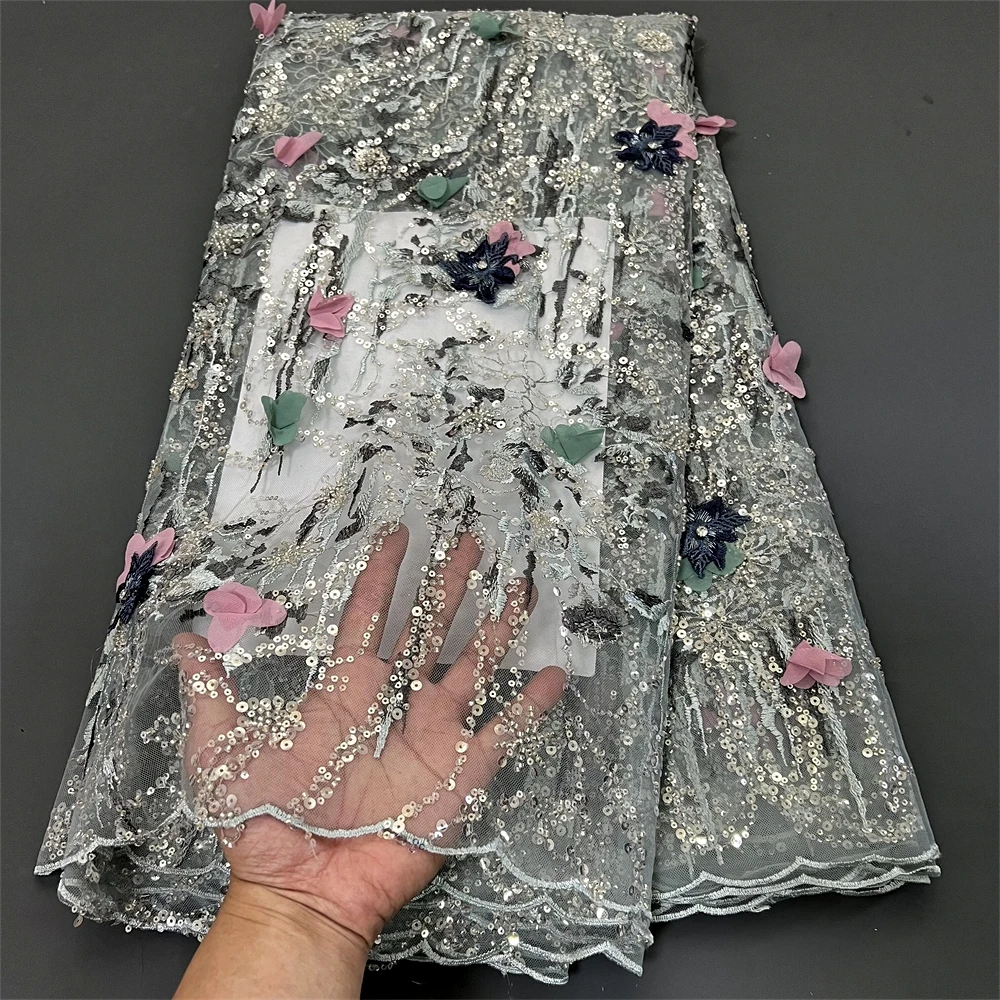 High Quality 2024 African Nigeria Tulle Lace Fabric Sequins Embroidery Wedding Party Guipure Dress Beads Stone 5Yards H0343