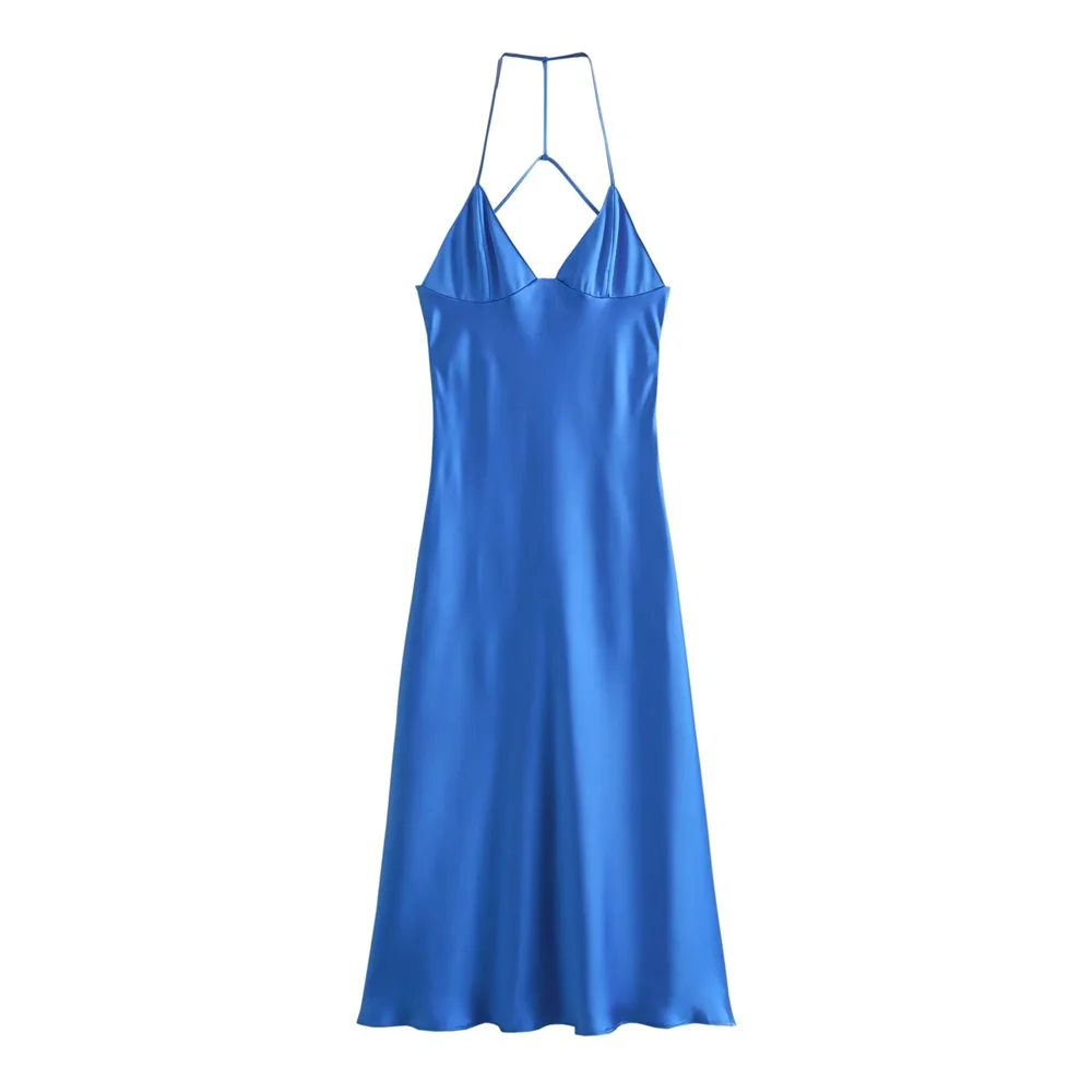 

Taop&Za 2024 Summer Versatile Loose Satin Texture Sexy Open Back suspender Dress Long Dress for Women