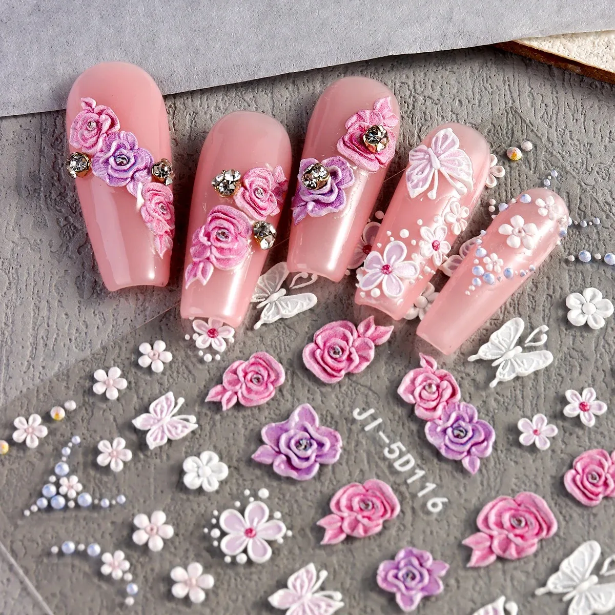 Spring Colorful Flower Nail Art Stickers Blue Pink 5D Relief Butterfly Japanese Nail Parts Manicure Charms Accessory