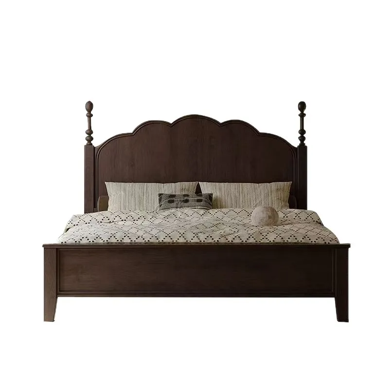 Retro all solid wood bed, antique master bedroom double bed, light luxury bed