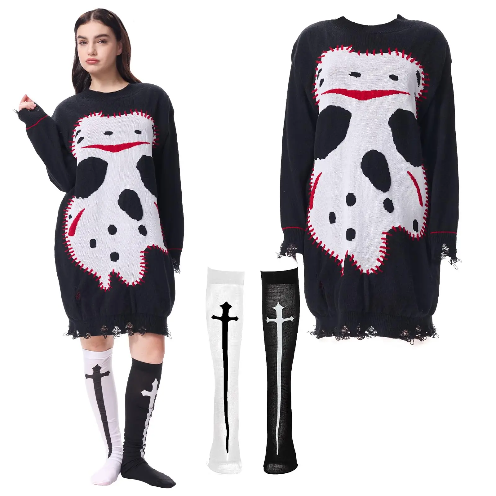 

Jason Sweater Dress Women 2Pcs Mrs Freddy Halloween Costume With Gothic Knee Socks Horror Movie Cosplay Outfits