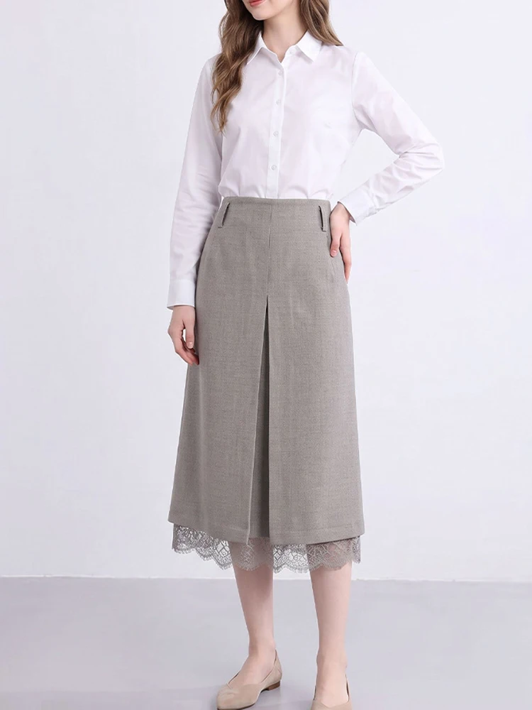 2026 New Style Women's High-Waisted Mid-Length Skirt with Front Pleated Frayed Lace Hem - Elegant Office A-Line Skirt