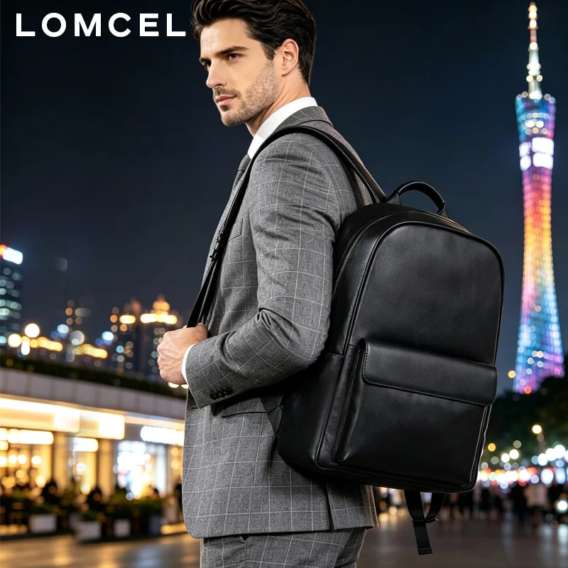 LOMCEL 48 Leather Business Simple Dual-Shoulder Bag Fashionally Versatile Top-grain Leather Backpack for Commuting Business