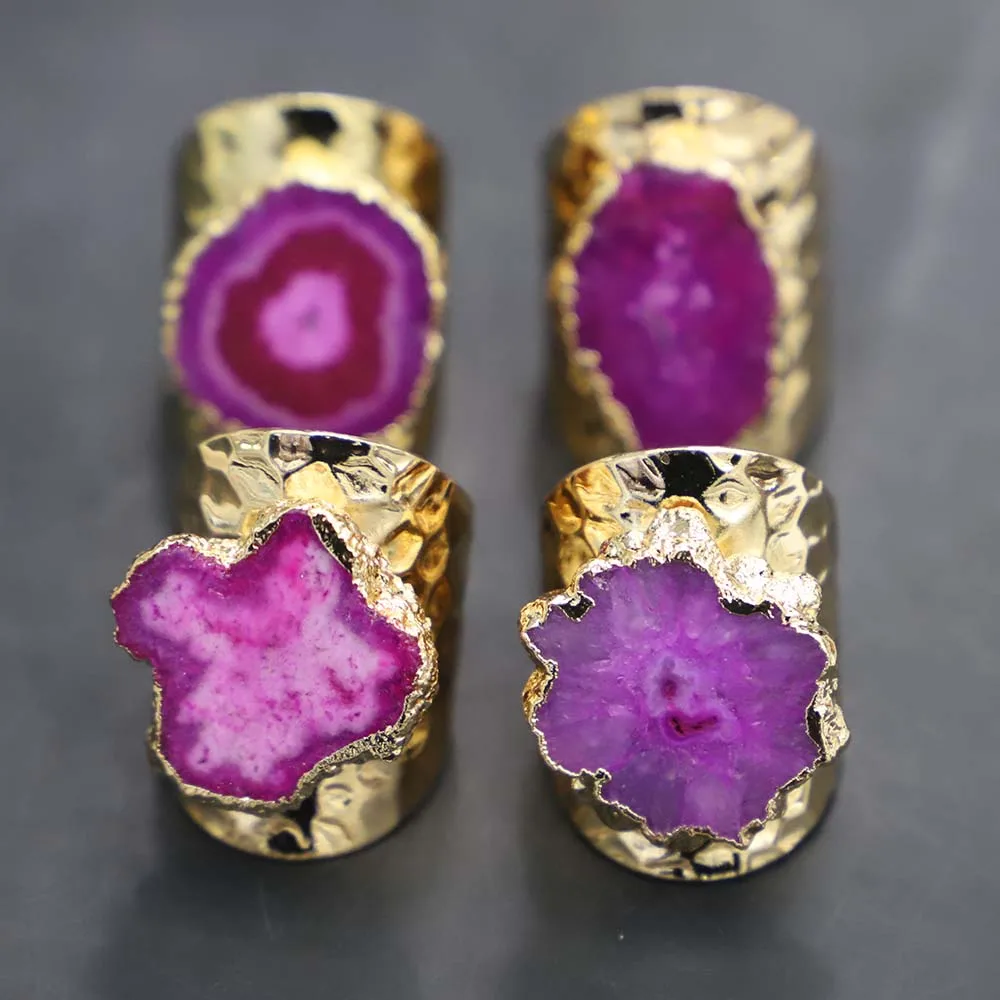 

New Rose Red Sunflower Agate Druzy Quartz Adjustable Ring Women Irregualr Raw Stone Gold Color Open Finger Jewelry Wholesale4Pcs