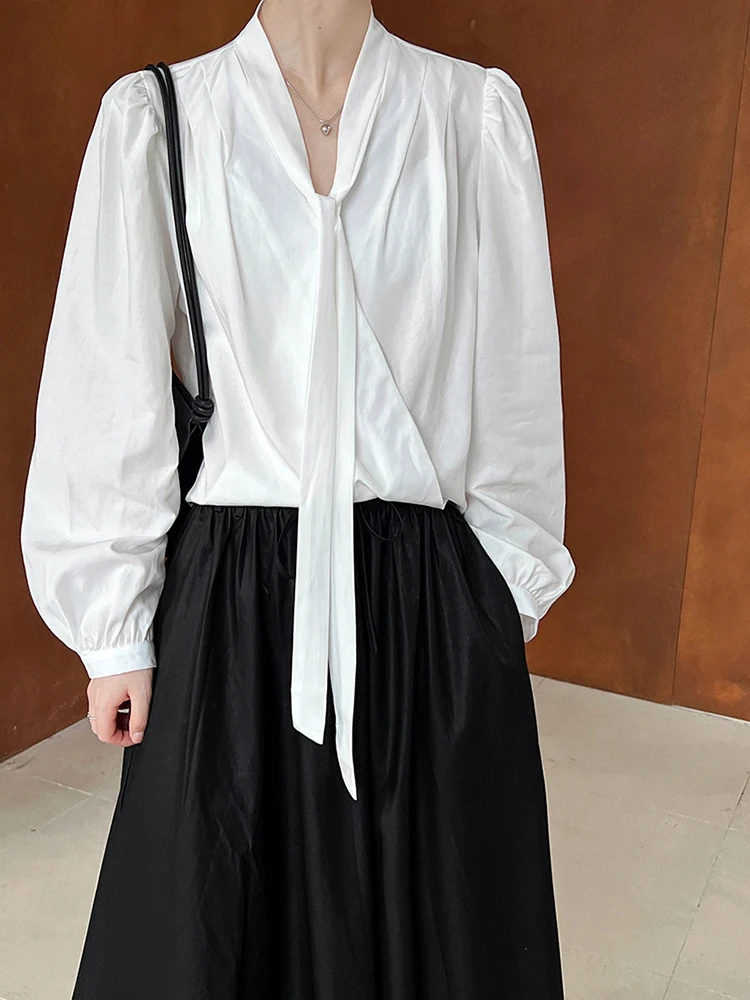 Women White Ribbons Pleated Elegant Big Size Blouse New V-Neck Long Sleeve Shirt Fashion Tide Spring Autumn